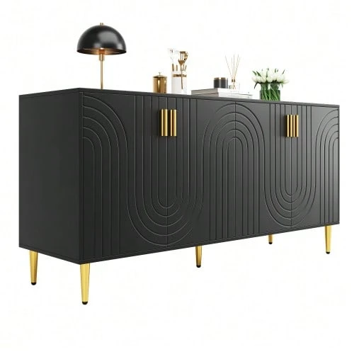 Black Sideboard (152 X 40 X 75 Cm) With A Unique Wave Design And Gold Handles And Feet, Creating An Elegant Dining Area - 黑色 - 查看 1