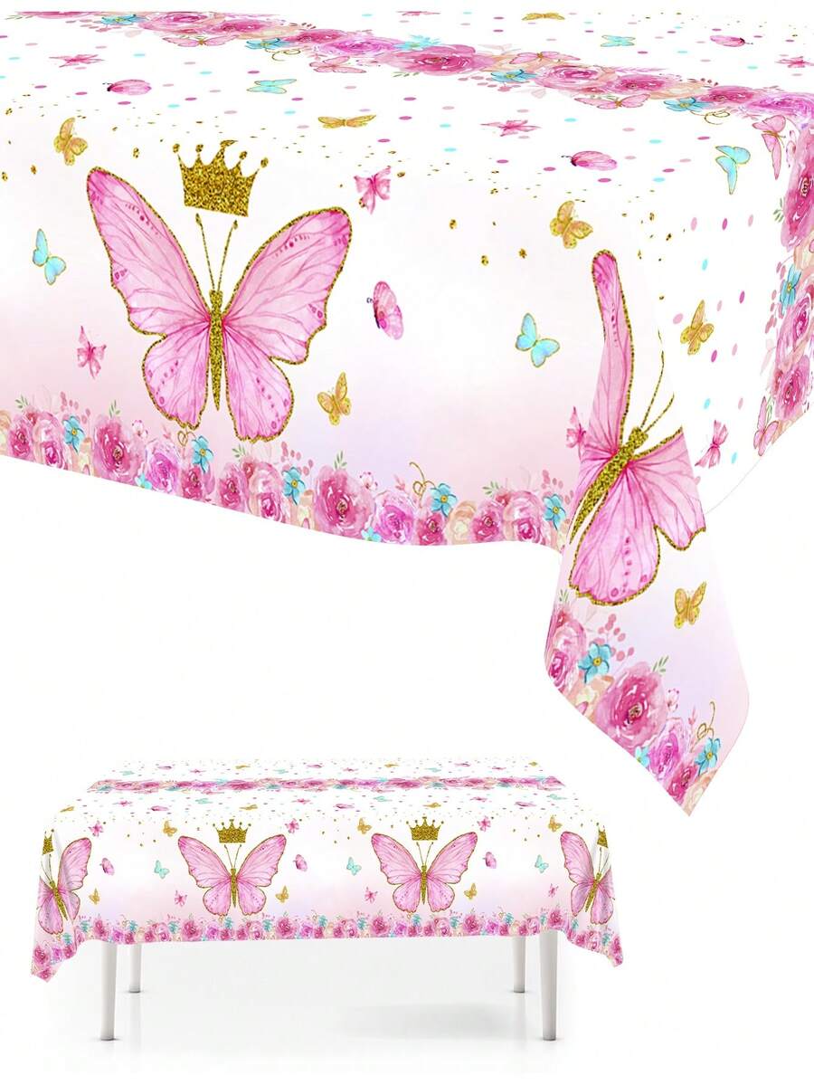 1Pc Disposable Plastic Tablecloth,Pink Butterfly Pattern Rectangle Table Cover For Princess Theme Bridal Shower Baby Shower Girls Birthday Party Decor