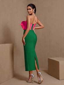 Vestido de unicolor elegante con cadena de strass, armadura, gota de agua y cristal, estilo vendaje para fiesta formal de noche, boda y otoño - Verde - Ver 3