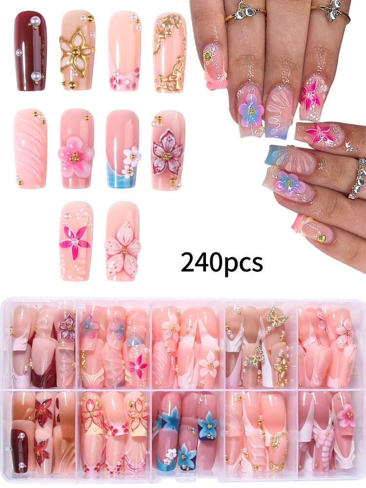 240pcs(10 Styles) Long Coffin 3D Gel Flower Press-On Nails With Pearl And Rhinestone Decor Design, White French Tip Fake Nails, Ocean Nails, Hibiscus Nails, Blooming Nails, Autumn/Winter Nails, Summer Nails - Multicolor - View 1