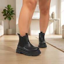 Women's Wide Toe Box Plus Size Shoes, Thick Sole Chelsea Boots, British Style Wide Toe Box Serrated Thick Sole Boots - Black Short - View 1
