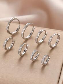 8pcs/Set Silver Earrings Set, Women's Style, Thick Silver Earrings, Copper With Cubic Zirconia Inlay, Hypoallergenic Small Earrings, Delicate Silver Thick Earrings, Stackable, Suitable For Multiple Ear Piercings - Silver - View 10