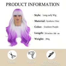 Women's Lavender Long Curly Wig With Bangs - Gradient Purple, High-Quality Synthetic Fiber, Comfortable Rose Net Cap, Multiple Styling Options, Wig Accessories - Purple Ombre - View 7