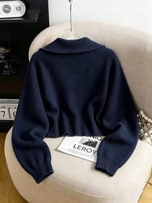 Navy Blue Half Zip Ribbed Knit Lapel Collar Drop Shoulder Long Sleeve Plus Size Plus Size Women's Casual Y2K Back To School Holiday Top Fall Winter - Navy - View 3