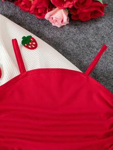 Young Girls School Outfit Autumn New Sweet Strawberry Knit Cardigan Red Spaghetti Strap Dress 2 Pieces Set Cute Gentle Girls Spring/Autumn Outfit - Red and White - View 6