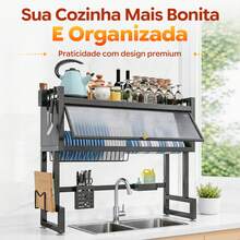 Sing-e Escorredor de Louça Suspenso  Andares – Ajustável 65-105cm, com Porta Retrátil e 5 Acessórios, Organizador de Pia em Aço Antiferrugem - 95cm Preto (Conjunto) - Visão 9