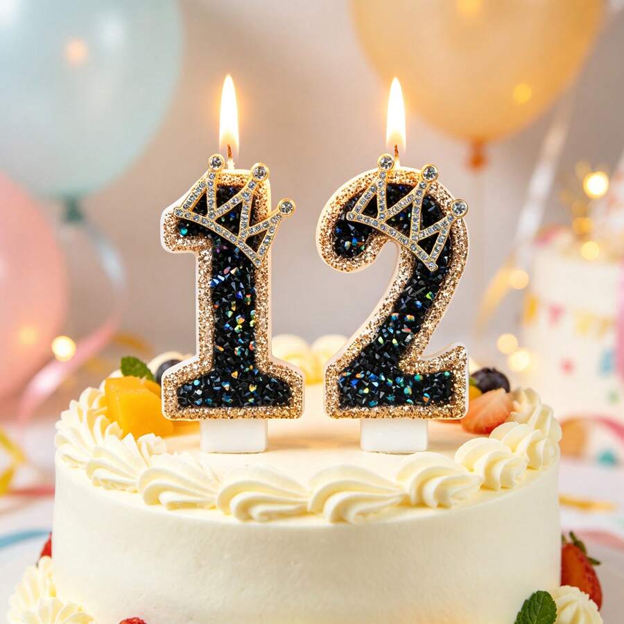 Black Gold Rhinestone Crown Number Birthday Candle W/ Luxury Glitter Digit, Black‑Gold Theme Cake Topper, Adult Milestone Birthday, 18th 30th 40th Coming‑Of‑Age, Glam Dark Aesthetic Birthday Party Decor Supplies