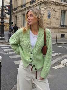 2026 Autumn/Winter Women's Chunky Knit Sweater, Cable Knit Pattern, V-Neck, Long Sleeve, Loose Fit, Button-Down Cardigan Top - Green - View 4