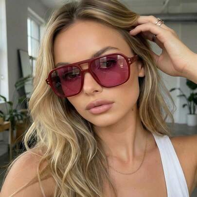 1 Pair Women's Red Square PC Frame Personalized Double Bridge Solid Color Minimalist Fashionable Street Style Fashion Glasses