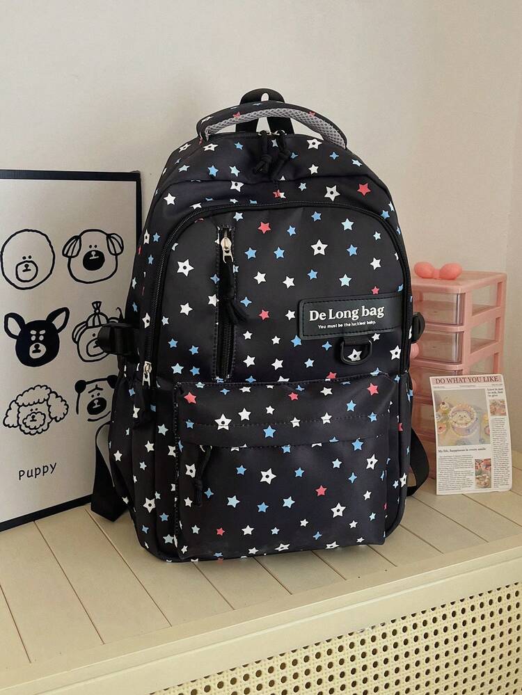 Dedoo Colorful Star Print 3Pcs Backpack Set, Label Decor Multi Zipper Pockets Adjustable Straps Student Bag For School Daily Travel Without Pendant - Black - View 6