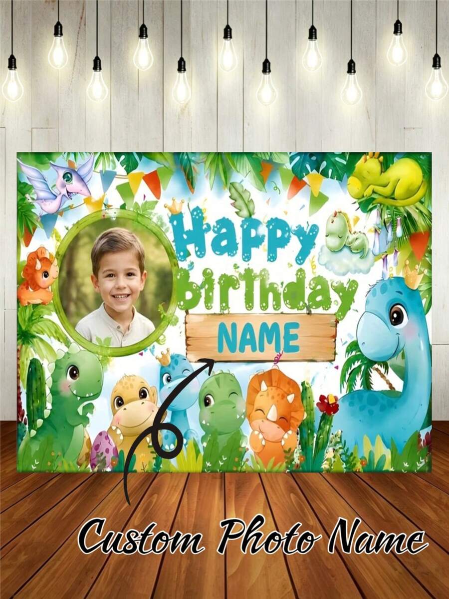 1pc Customizable Name & Photo Cute Cartoon Prince Dinosaur Pattern, Personalized Photo & Name Design, Suitable For Dinosaur Theme Birthday Party, Baby Shower, Portrait Photography Prop, Vinyl Material