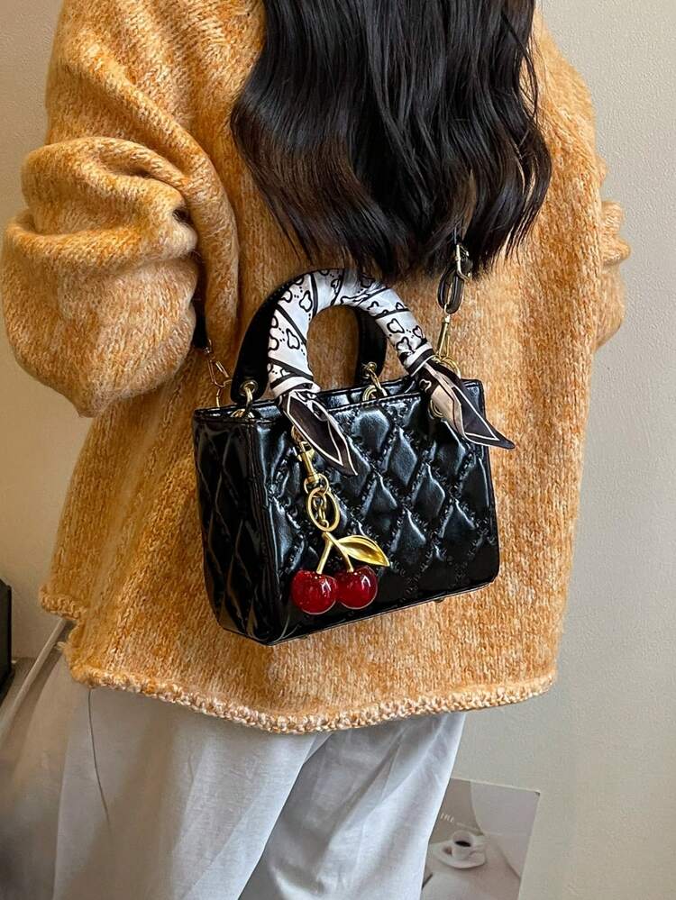 Fashionable New Women's Handbag Solid Color Minimalist PU Small Square Bag Elegant Sophisticated High-End Versatile Suitable For Dating Shopping Exquisite Bag With Silk Scarf And Cherry Pendant Valentine's Day Gift - Black - View 8