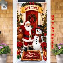 2D Flat 1 Piece Of Christmas-Themed Banner Background, Featuring Santa Claus, Snowmen, Combined With Christmas Trees, Christmas Gifts, Red Flowers Decorations, With The Words "WELCOME" And "Merry Christmas" Printed On It. - View 3