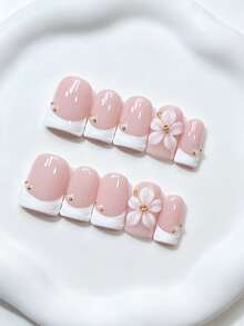 Shecass 10pcs High-Quality Square Handmade Press-On Nails, French Manicure, 3D Embossed Nude Short Style, Y2K Style, Summer Design, Suitable For Daily Wear, Graduation, Travel, Holiday Gift, Party, Music Festival, Back To School - Multicolor - View 2