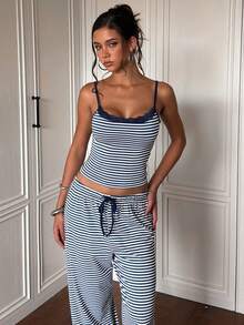 Minimalist Camisole Top And Drawstring Waist Sweatpants Set - Royal Blue - View 2