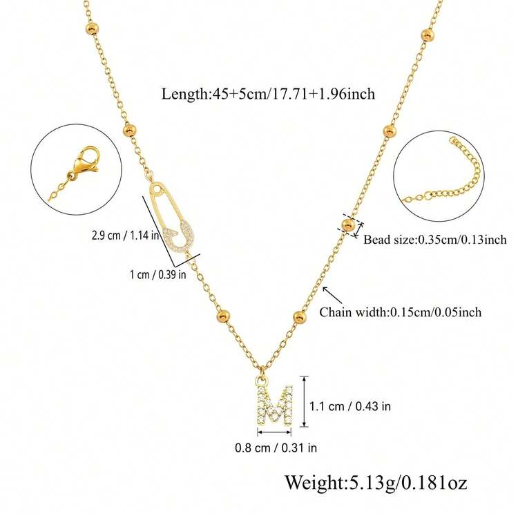 1pc New Classic Initial Pin Golden Stainless Steel Bead Chain Necklaces For Women - Yellow Gold - View 2