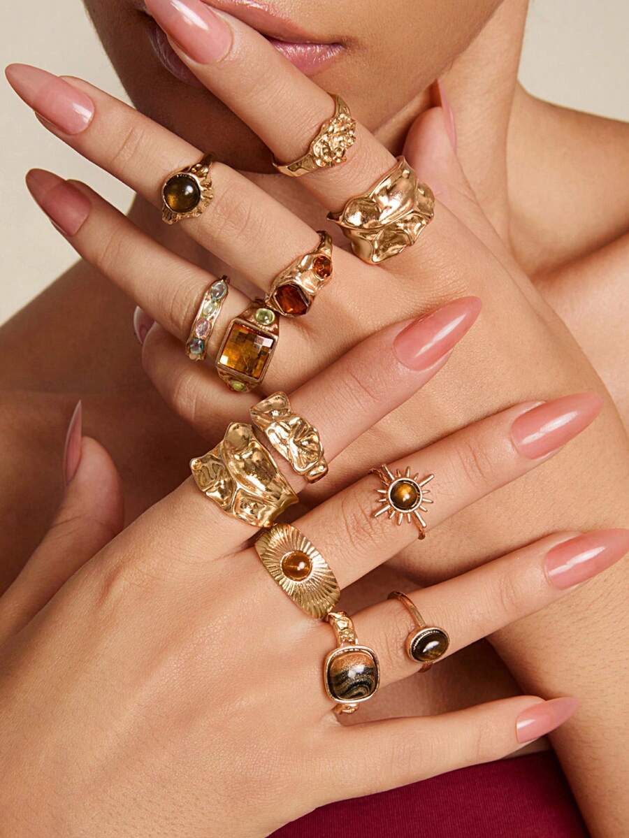 Altistry 12pcs Vintage Bohemian Old Money Style Women's Ring Set, Suitable For Vacation, Party, Date, Daily Wear - Yellow Gold - View 1