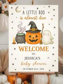 客製化姓名萬聖節嬰兒派對歡迎牌（僅帆布）－個性化「A Little Boo」歡迎海報，南瓜幽靈兒童生日派對無框 - 彩色 - 查看 6