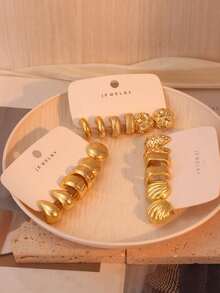 3/9 Pairs Gold Stud Earrings Set, Water Drop, Smooth Round, Shell, Concave Water Drop Gold Earrings, Ideal For Travel, Vacation, Daily Wear Or Gift For Friends And Family - Gold - View 5