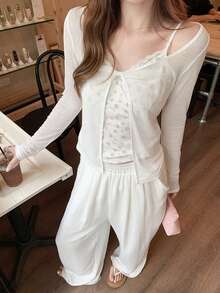 Korean Style White Off-Shoulder Long Sleeve T-Shirt Women's Summer Sun Protection Sheer Top Floral Camisole Set - White - View 3