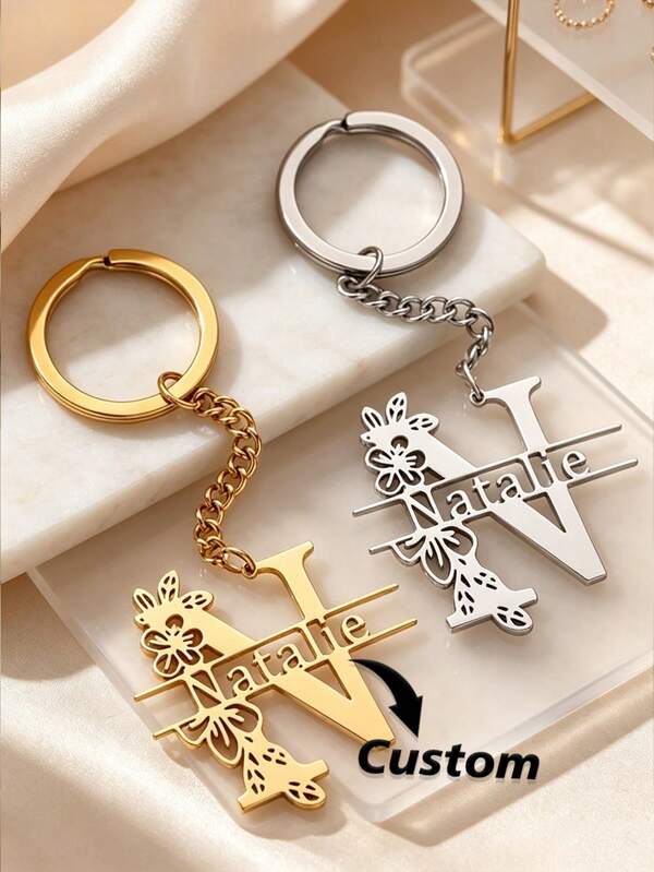 Customized Name Keychain, Personalized Letter, Stainless Steel Material, Neutral Versatile; Engravable, Vintage Old Money Style, Unique Customized Gift, Suitable For Father's Day, Mother's Day, Valentine's Day