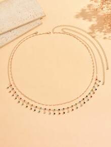 2pcs/Set Exquisite Fashionable Colorful Tassel Rhinestone With Gold Chain Double Layer Waist Chain Women's Waist Jewelry Suitable For Daily Wear, Summer Vacation, Beach Party, Music Festival, Random Color Distribution Of Rhinestones - Multicolor - View 2