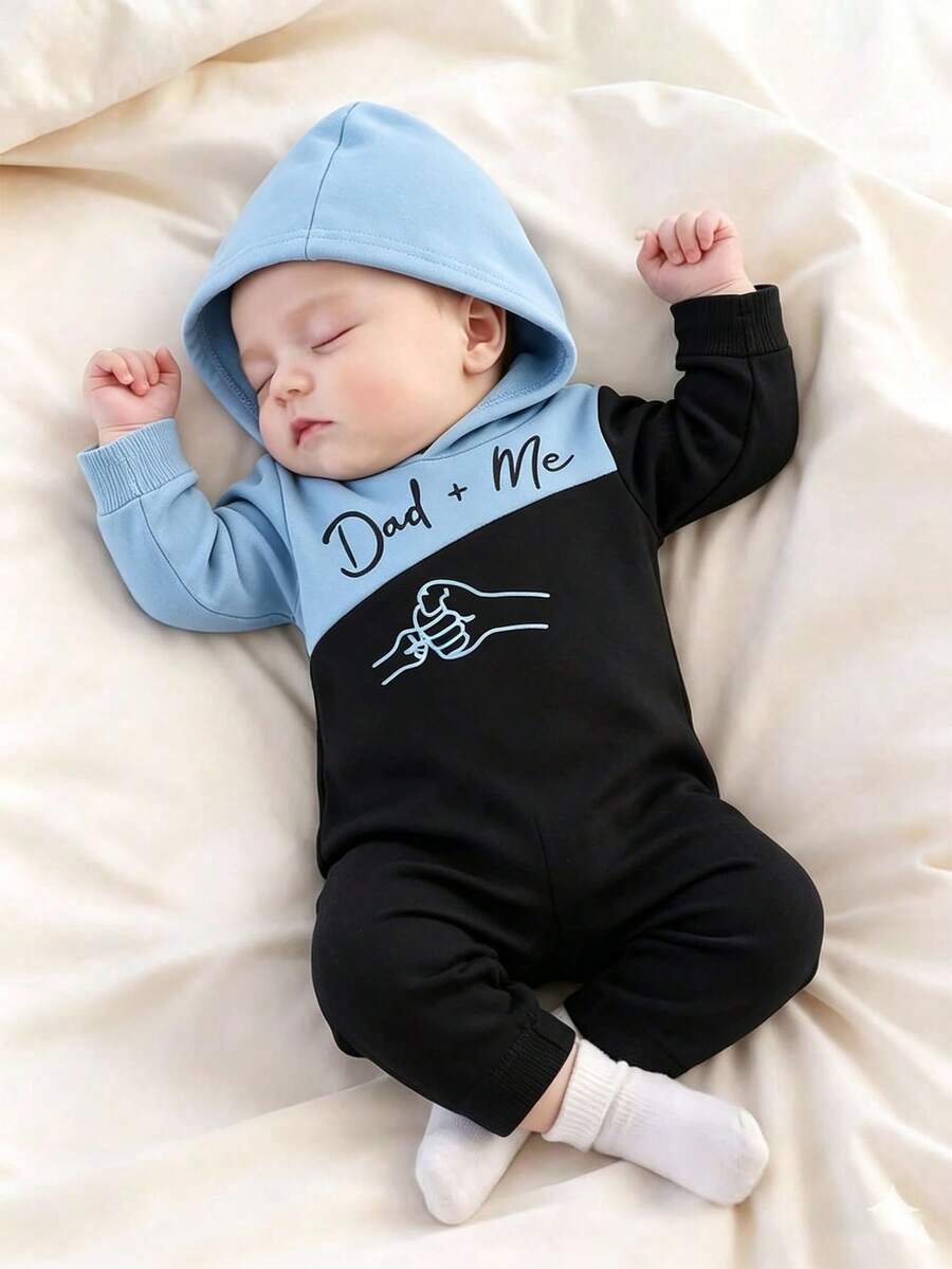 Baby Boy Simple Letter Pattern Colorblock Thin Hooded Romper Jumpsuit - Multicolor - View 1