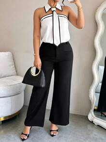 Plus Size Women's Spring/Summer Sleeveless Black & White Contrast Collar Tie Contrast Elegant Commuter Blouse - Black and White - View 5