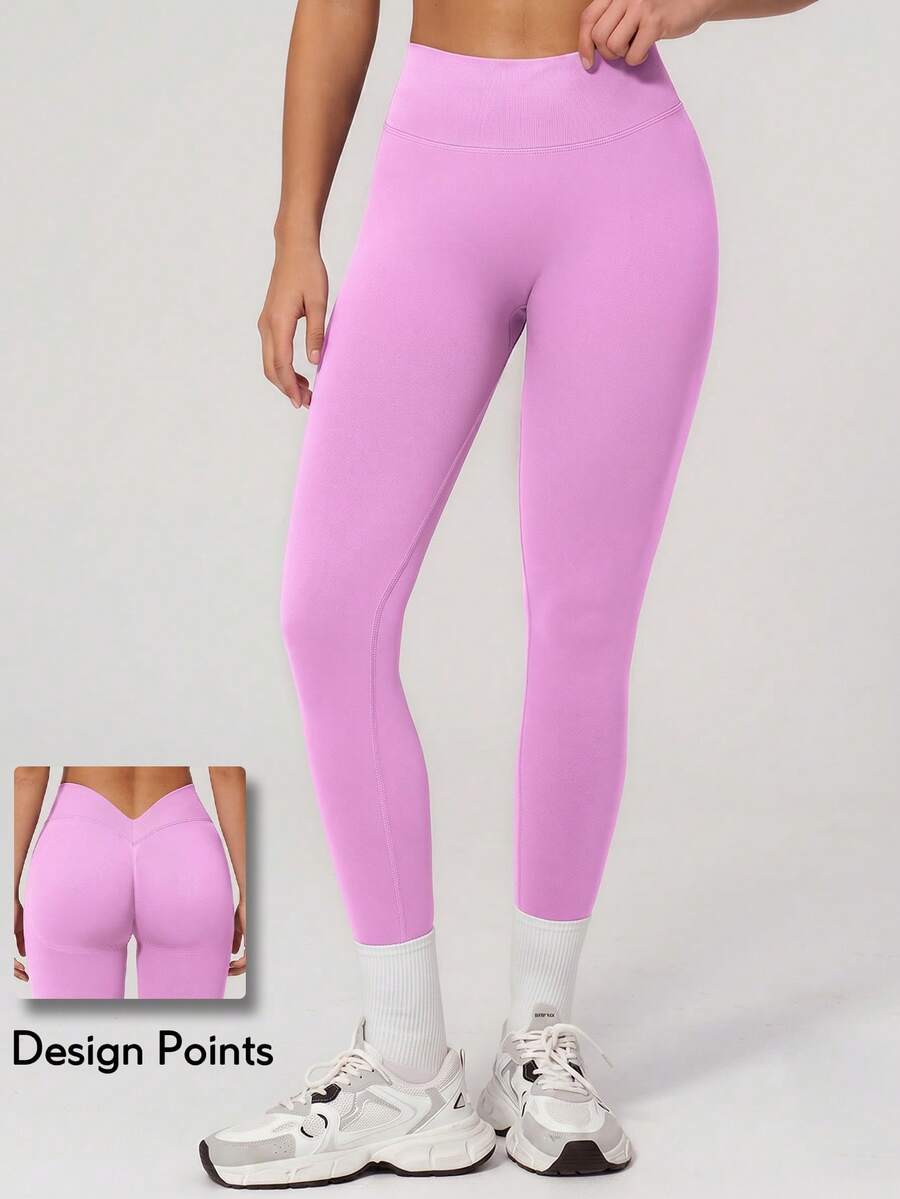 KyrLssu Plain High Rise V Waistback Sports Leggings, Stretch Skinny Workout Running Tights For Daily & Gym Wear - Pink - View 1