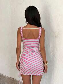 1pc Striped Sexy Knit Fabric Drawstring Dress Beach Vacation Summer - Green - View 5