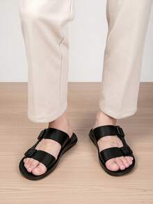 2026 New Men's Beach Slides, Double Buckle Design, Fashionable Strap Sandals - Black - View 4