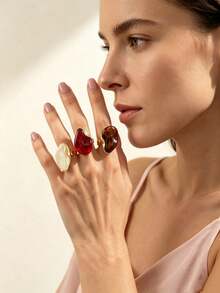 JOJELOO 1PC Vintage Asymmetrical Amber Ring, Geometric Open Adjustable Band, Elegant Women's Fashion Jewelry - Ring - View 9