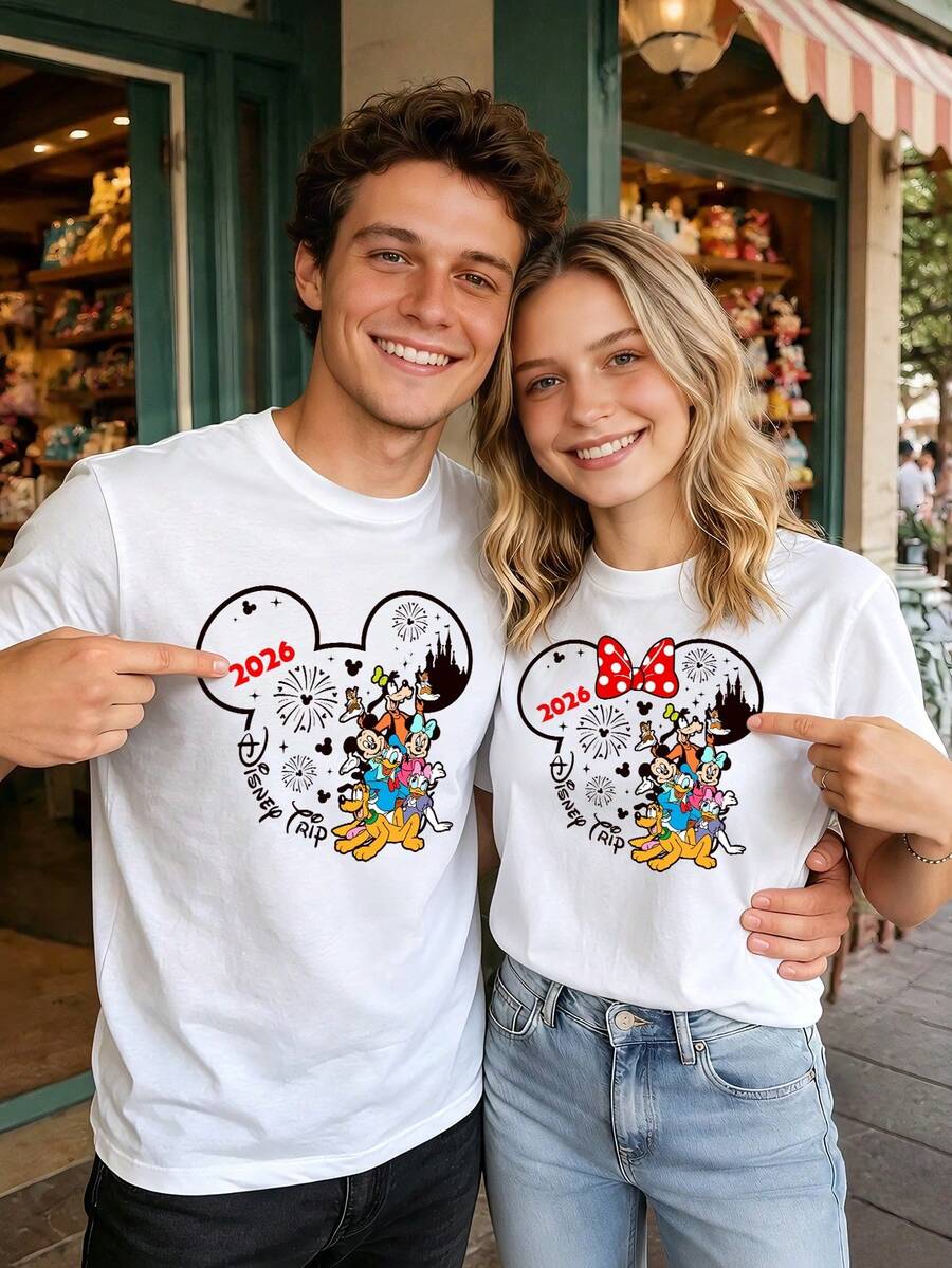 Retro Line Mickey Head 2026 Disney Family Fireworks Couple Short Sleeves, Simple Atmosphere Clock In Top - Women's - White - View 1