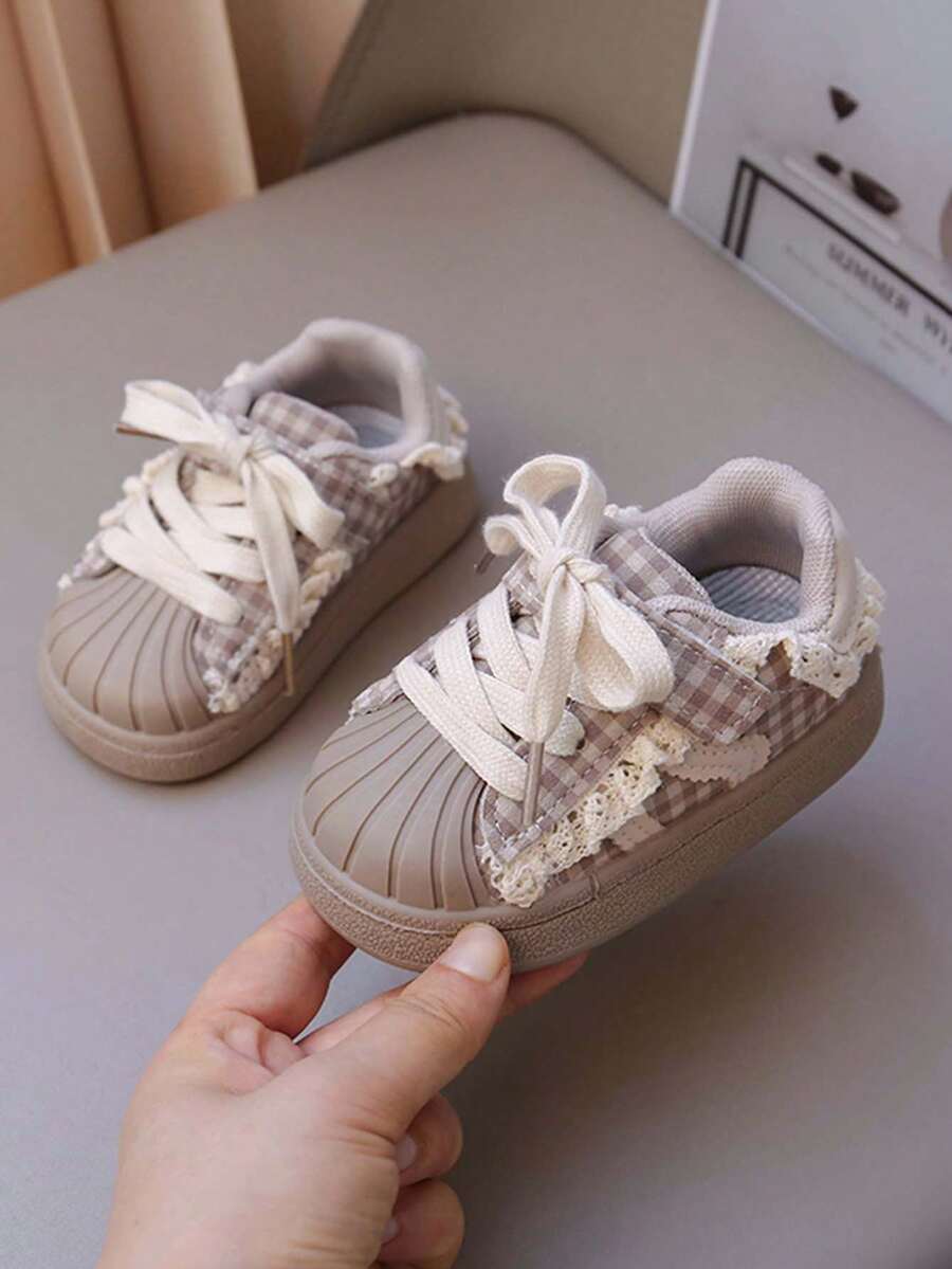 Girls' Lace Trim Shell Toe Walking Shoes, Spring/Autumn Plaid Hook And Loop Soft Sole Anti-Slip Baby Sneakers, Toddler Princess Canvas Shoes - Khaki - View 1