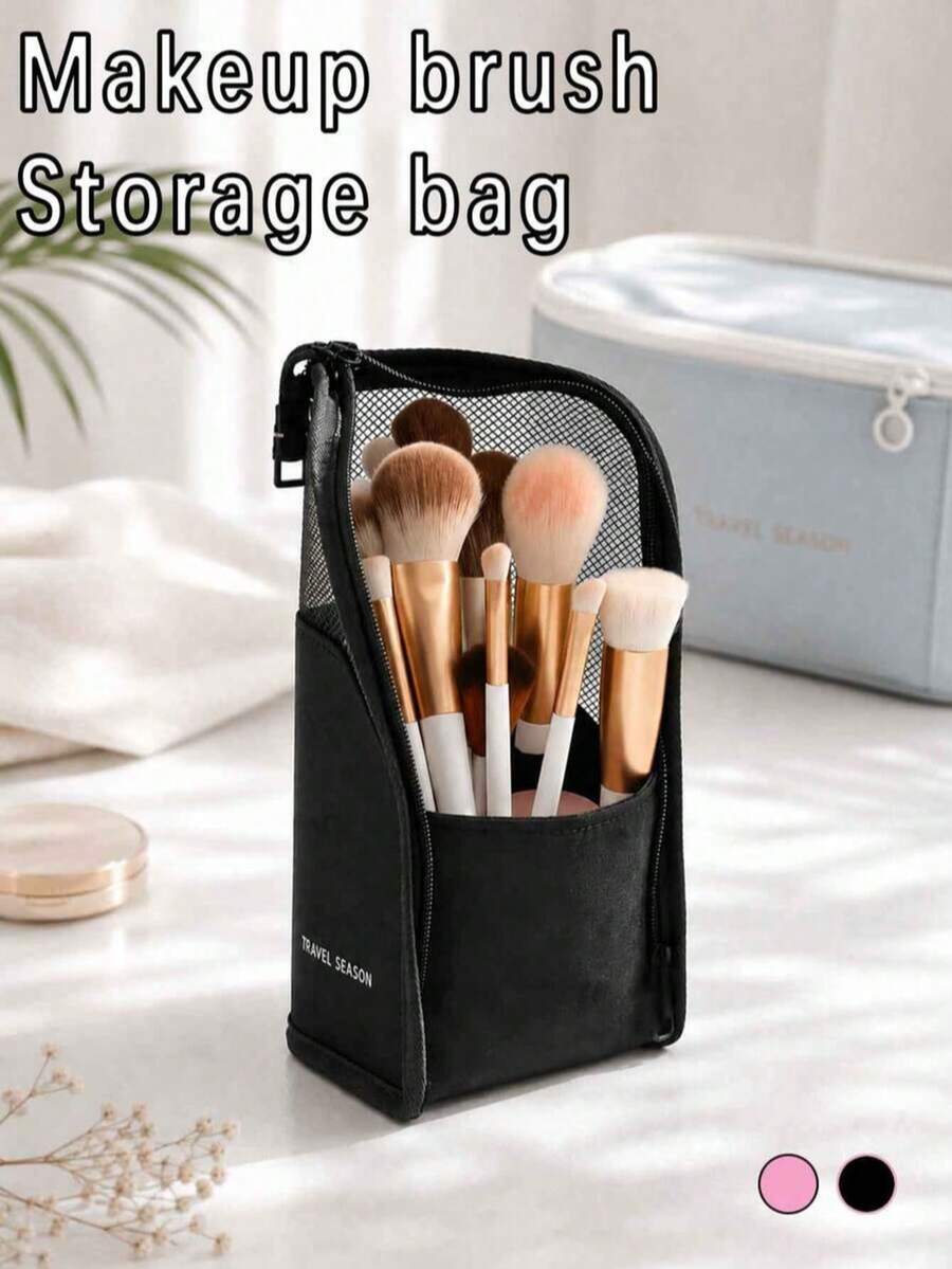 1pc Pink Makeup Brush Storage Bag With Zipper, Multi-Function Eyebrow Pencil Storage Pouch, Cosmetic Organizer Bag, Portable Toiletry Bag, Can Store Face Masks, Lipsticks, Suitable For Home, Gifts, Vacation, Travel - Multicolor - View 1