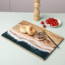 1pcHandcrafted Ocean Beach Resin Wood Serving Board, Cutting Board With Blue Ocean Wave Pattern, Multipurpose Charcuterie Platter For Breakfast Dessert Snacks, Coastal Kitchen Countertop Decor - 1pc Acacia Wood Cutting Board - View 4