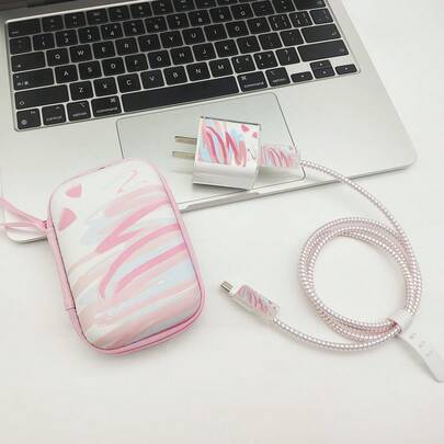 6pcs Pink Watercolor Heart & Leopard Print Data Cable Protector Set With Watercolor Heart & Leopard Print Storage Bag, Matching Pattern Charger Head Protector, Laser Gradient Data Cable & Cable Clip, Shockproof & Drop-Resistant Portable Handheld Storage Bag, Can Store Earphones & Fast Charging Power Bank, Gentle Style Student Commute All-In-One Data Cable Protection Set