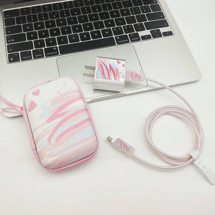 6pcs Pink Watercolor Heart & Leopard Print Data Cable Protector Set With Watercolor Heart & Leopard Print Storage Bag, Matching Pattern Charger Head Protector, Laser Gradient Data Cable & Cable Clip, Shockproof & Drop-Resistant Portable Handheld Storage Bag, Can Store Earphones & Fast Charging Power Bank, Gentle Style Student Commute All-In-One Data Cable Protection Set - View 9