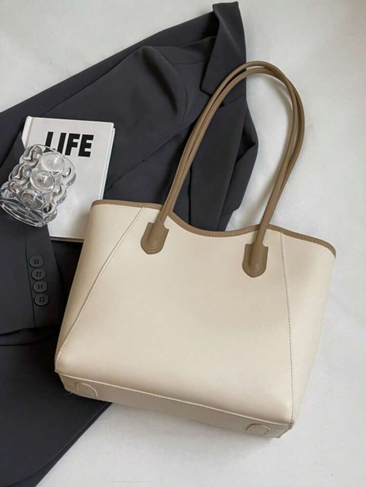 Tas Tote Bahu Wanita, Warna Polos & Dua Warna, Gantungan Boneka Monster Mewah, Penutup Resleting, Kapasitas Besar, Cocok untuk Perjalanan, Kantor Sehari-hari & Belanja - Khaki - View 8