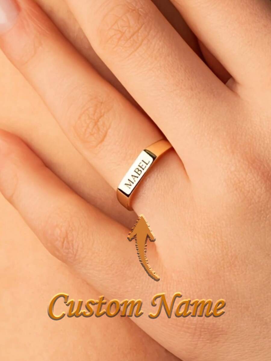 Women's Custom Square Bar Ring - Personalized Name/Date Engraved Minimalist Ring - Exquisite Jewelry Gift, Suitable For Girlfriend, Wife, Mother, Perfect For Anniversary, Valentine's Day, Wedding Gift - Multicolor - View 1