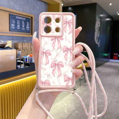 1 pieza Funda de teléfono con patrón de lazo de tinta rosa de moda, correa de hombro ajustable de cuerda de cáñamo, diamantes de arena rosa con ojo, para Android S26Ultra S25Ultra S24Ultra S23Ultra/ A54 A55 A57 A37/ Note 14 Pro 5G/HONOR/, funda de teléfono anti-caída y anti-deslizante