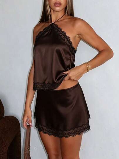 Conjuntos de falda de 2 piezas con encaje y satén para mujer, tops sin espalda con cuello halter + minifaldas, atuendos de verano para vacaciones, salidas, fiestas lindas y conciertos