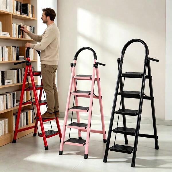1PC 5 Step Folding Step Ladder (Black/Red/Pink) Heavy-Duty Portable Household Step Stool With Anti-Slip Wide Treads 500 LBS Weight Capacity Multi-Function Folding Ladder For Home, Kitchen, Garage & Office Use