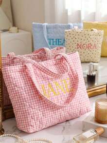 1pc Personalized Name Quilted Plaid Tote Bag, Customized Checkered Shoulder Bag, Bridesmaid Gift, Embroidered Name, Lightweight Shopping Handbag - Multicolor - View 5