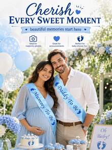 2pcs/Set Maternity And Expectant Parents Ribbon Sash Set, Light Blue Satin With Blue Print, Suitable For Baby Shower Decor, Mom And Dad Sash Set, Perfect For Maternity And Expectant Parents Photo Props, Gift For Maternity And Expectant Parents, Pregnancy Announcement Decor, Gender Reveal Party, Party Supplies - Baby Blue - View 5