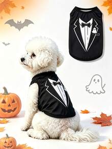 1pc Halloween Dog T-Shirt, Gentleman Tuxedo Print Pet Sleeveless Vest With Ghost Pattern, Cute Puppy Outfit, Suitable For Small And Medium Dogs, Party And Daily Wear Dog Clothes - Multicolor - View 1