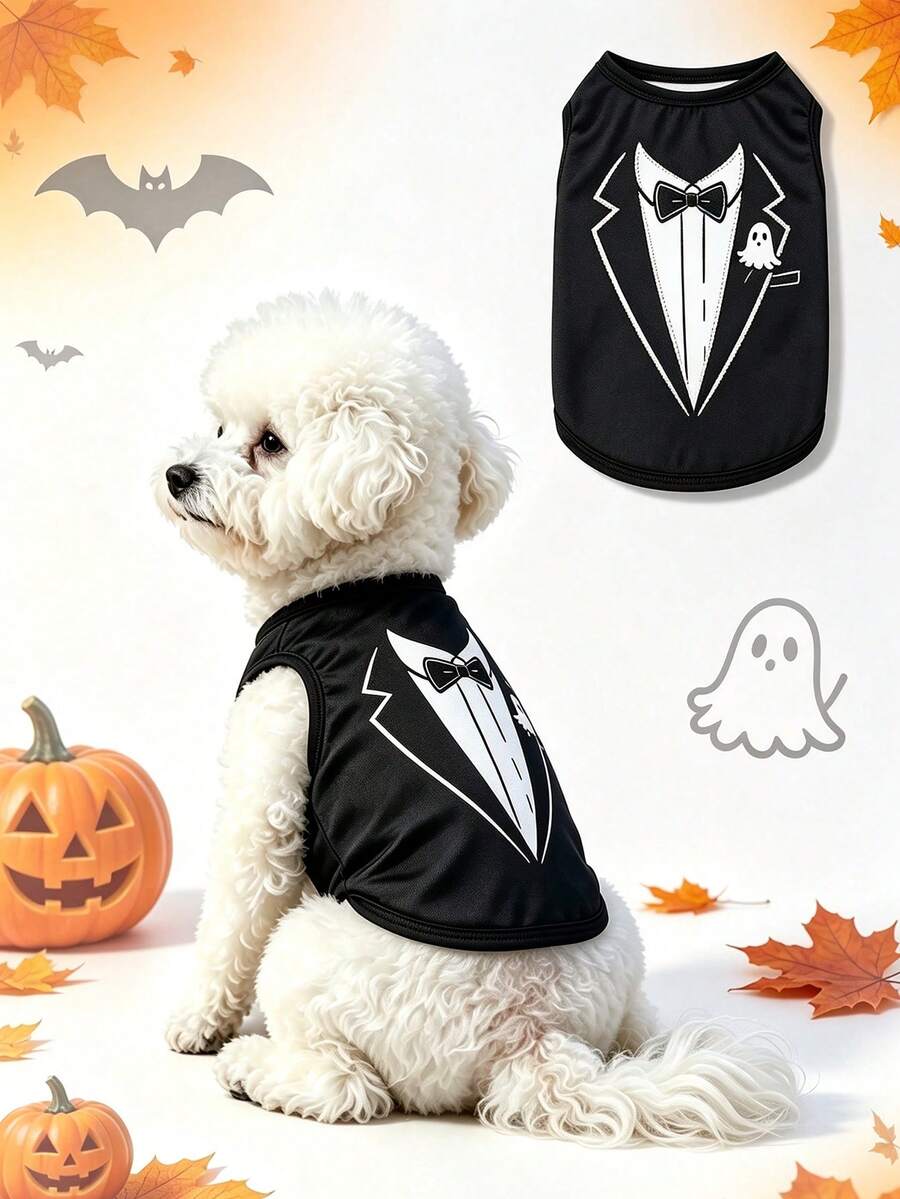 1pc Halloween Dog T-Shirt, Gentleman Tuxedo Print Pet Sleeveless Vest With Ghost Pattern, Cute Puppy Outfit, Suitable For Small And Medium Dogs, Party And Daily Wear Dog Clothes - Multicolor - View 1