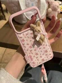 Rhinestone Stand Minimalist Floral 3D Plush Rabbit Phone Case Compatible With IPhone 17 Pro Max, 16 New, 15 With Lanyard, 17 Pro, 14 Spring Easter - Pink - View 5