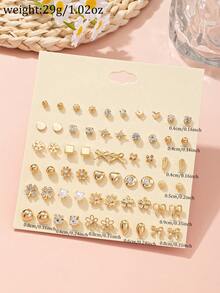 30 paires de boucles d'oreilles à tige pour femmes, motifs fleurs, nœuds, cœurs, carrés, géométriques, pour une utilisation quotidienne et les jours de fête - Or jaune - Voir 6