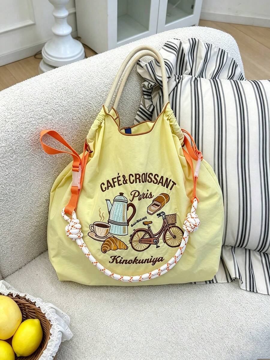 1件新款休閒刺繡咖啡飲品圖案尼龍可折疊購物袋,通勤派對女款單肩斜挎托特包 - 彩色 - 查看 1